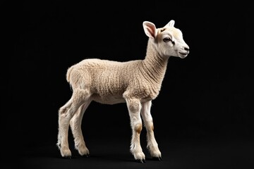 Fototapeta premium the beside view baby Argali Sheep standing, left side view, low angle, white copy space on right, Isolated on black Background