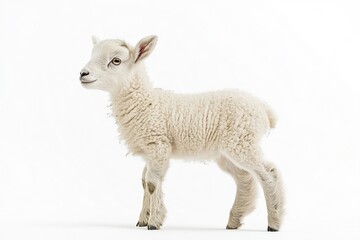Fototapeta premium the beside view baby Dall Sheep standing, left side view, low angle, white copy space on right, Isolated on White Background