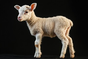 Fototapeta premium the beside view baby Domestic Sheep standing, left side view, low angle, white copy space on right, Isolated on black Background
