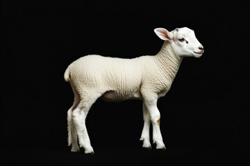 Fototapeta premium the beside view baby Domestic Sheep standing, left side view, low angle, white copy space on right, Isolated on black Background