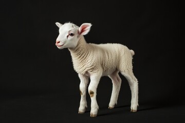 Obraz premium the beside view baby Domestic Sheep standing, left side view, low angle, white copy space on right, Isolated on black Background