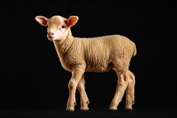 Fototapeta premium the beside view baby Domestic Sheep standing, left side view, low angle, white copy space on right, Isolated on black Background