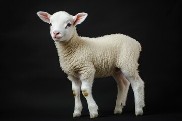 Fototapeta premium the beside view baby Domestic Sheep standing, left side view, low angle, white copy space on right, Isolated on black Background