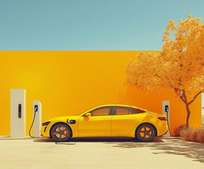 Medium-sized electric car charging at a pastel yellow station with a tree in the background