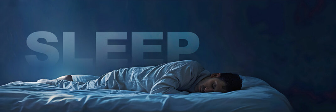 Man sleeping peacefully background template - insomnia,  sleep theme with a male lying asleep on a bed with the word SLEEP in the background and space for text
