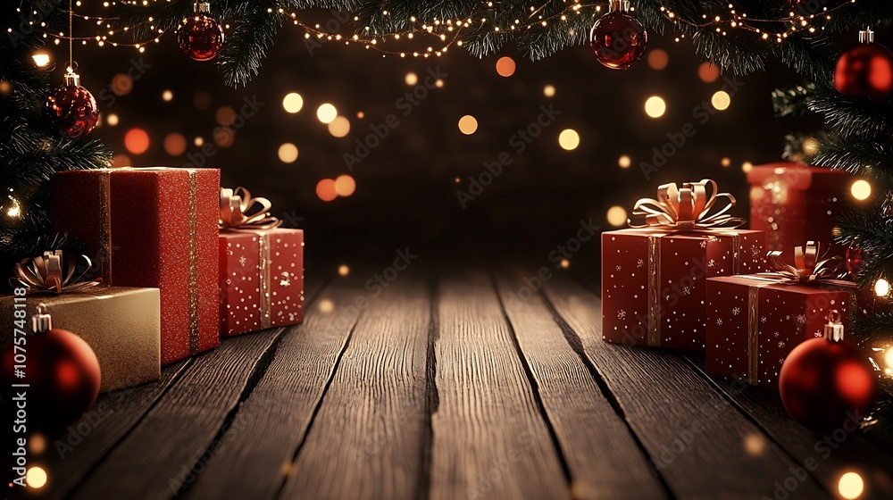 Poster warm festive setting with glowing christmas lights and wrapped presents : generative ai