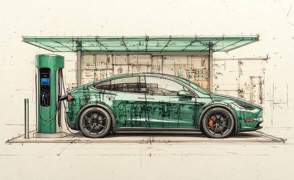 An electric car being charged at a charging station in a design sketch