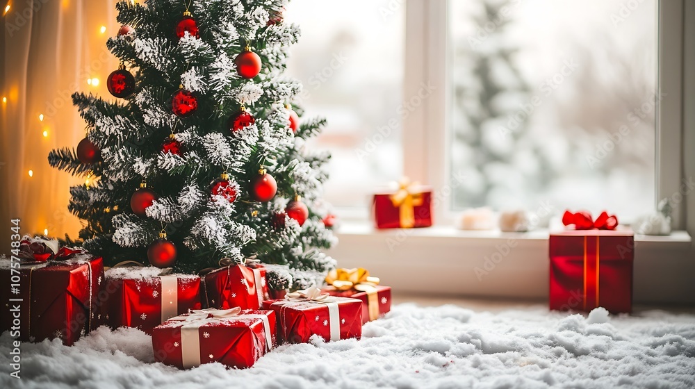 Poster Christmas Tree with Presents Under Snowy Window Setting : Generative AI