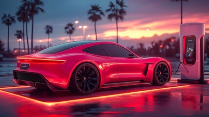 Fototapeta premium An electric car charging at a vibrant station during sunset in a tropical location