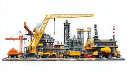 Heavy industry background with construction machinery, cranes, and factory structures, isolated on white