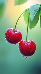 Closeup of Freshly Picked Cherry Pair with Water Droplets on Green Background : Generative AI