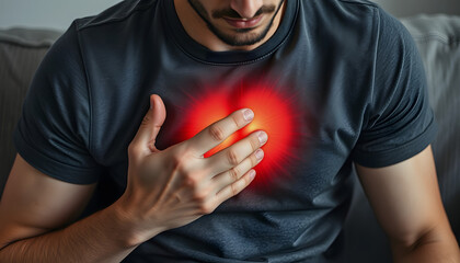 Male having cardiac medical health problem painful sickness symptoms myocardial infarction. Close up of young man pressing hand chest heart attack suffering from unbearable pain sit on sofa at home 