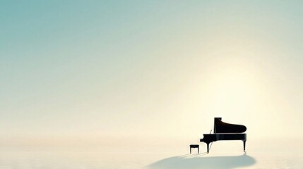   A snow-covered field with a lone piano bathed in sunlight behind it