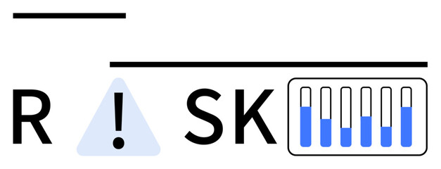 RISK text with an exclamation mark inside a triangle, accompanied by blue and white bar charts. Ideal for financial analysis, decision making, strategy planning, business presentation, project