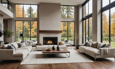 Fototapeta premium A spacious living room with floor-to-ceiling windows overlooking a fall forest