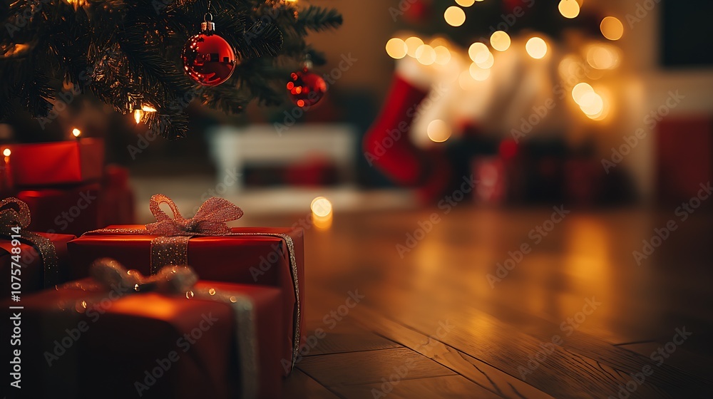 Poster warm and inviting christmas ambience with decorated tree and glowing lights : generative ai