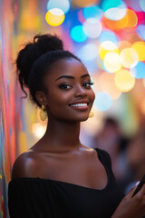 Fototapeta premium Young African woman smiling, with curly hair and modern style, enjoying outdoors in summer.