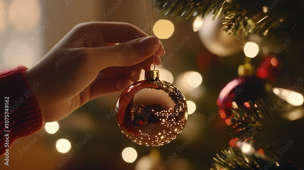 Poster hand placing shiny red bauble on christmas tree with glowing lights : generative ai