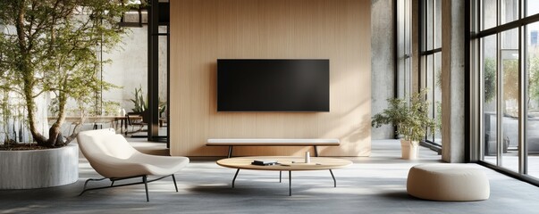 Modern living room with sleek furniture and large windows