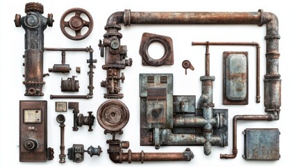 Industrial background featuring machinery, metal pipes, and factory equipment, isolated on white