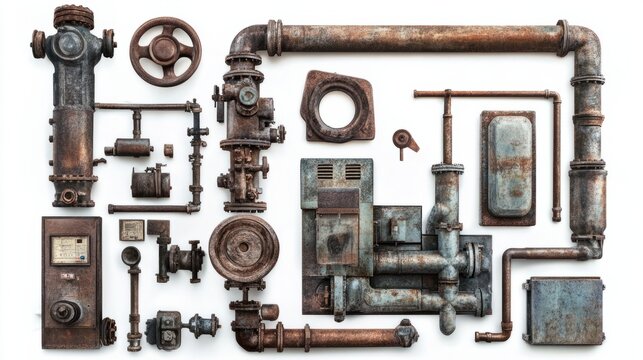 Industrial background featuring machinery, metal pipes, and factory equipment, isolated on white