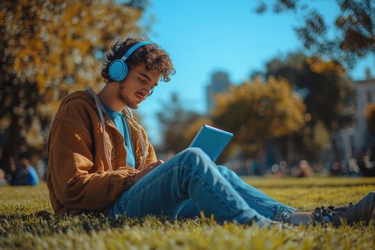 Boy sitting on grass with headphones on and looking at a tablet