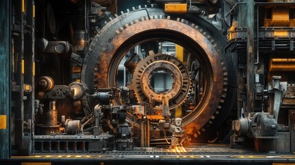Fototapeta premium Industrial background with large metal gears, robotic arms, and tools in an assembly plant
