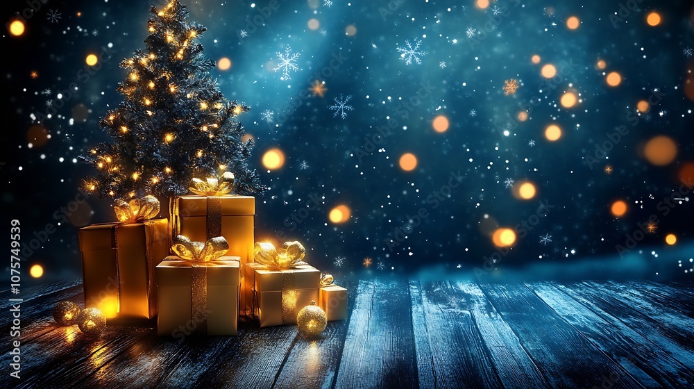 Poster illuminated christmas tree and gift boxes amidst sparkling snowflakes and bokeh : generative ai