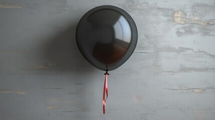 Single black balloon with red ribbon against a textured grey background.