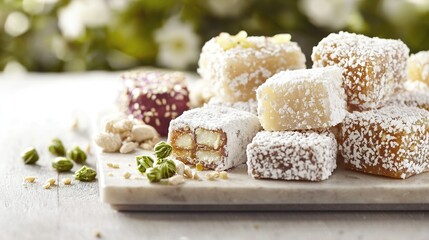   A plate of desserts piled high, with powdered sugar and sprinkles covering the board