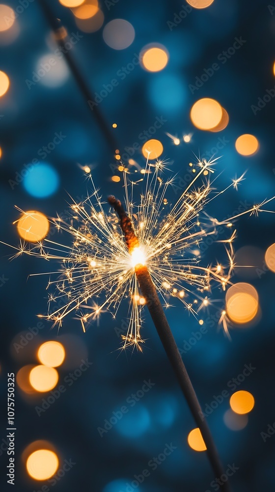 Aufkleber golden sparkler with blue and orange festive bokeh lights out of focus in background : generative ai