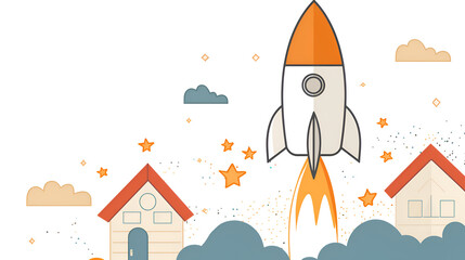 Whimsical Rocket Launch Wallpaper for Homes Featuring Bright Clouds and Stars in a Playful Cartoon Style