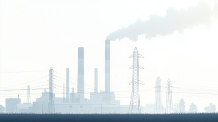 Industrial landscape with factories, smokestacks, and power lines under a clear sky, isolated on white