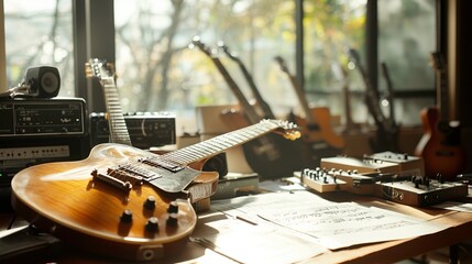 Artistic home studio filled with guitars, pedals, and sheet music