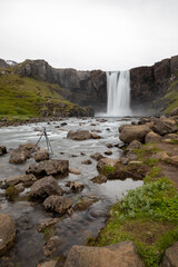 Large Waterfall in Iceland feeding into a river