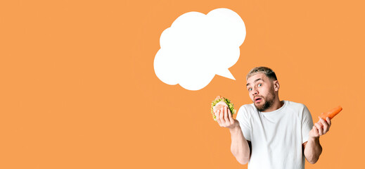 Thinking bubble. Excited man can not choose between a healthy and harmful food