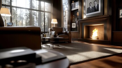 Cozy vintage inspired living room with warm fireplace glow