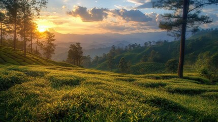 Obraz premium A serene landscape with a sunset over rolling hills. This image can be used for travel brochures, websites, and other projects that need a peaceful, natural feel.