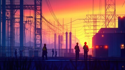 Power plant background featuring turbines, electrical grids, and workers in safety gear