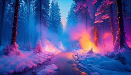 Obraz premium In a winter forest, delicate smoke art in shades of light blue, pink, yellow, and lavender swirls through the trees, creating a magical and dreamlike atmosphere.