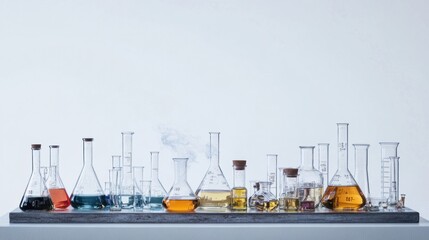 Fototapeta premium Chemical lab with glass beakers, Bunsen burners, and various chemical reagents on a lab bench, isolated on white