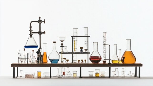 laboratory glassware with colorful liquids on shelf clip art preview