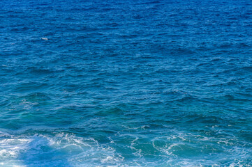 Vast ocean waters glisten under the bright sun at midday near a tranquil shore.