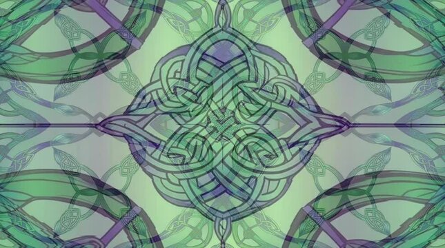Abstract Celtic knot design in green and purple shades.