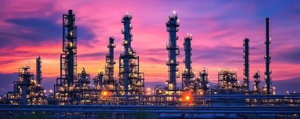 Obraz premium An industrial skyline illuminated at dusk, showcasing towering refinery structures against a vibrant, colorful sunset.