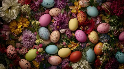 Obraz premium A vibrant array of eggs perched on top of a mound of blossoms with dotted shells
