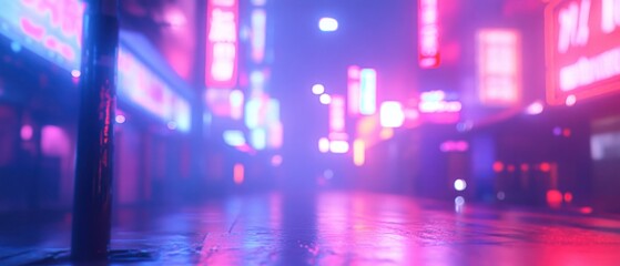 A vibrant, neon-lit street scene shrouded in mist, evoking a futuristic urban atmosphere.