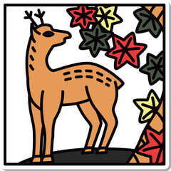 ステッカー正方形シンプル花札　神無月　紅葉　鹿　10月　紅葉に鹿