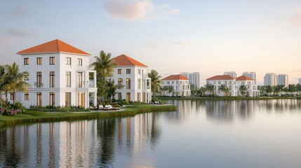 Waterfront Luxury Homes  Modern Architecture  Lakefront Living  Sunset Sky  Real Estate