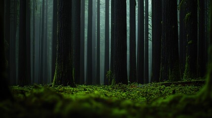 Obraz premium A lush forest abounding with towering trees and verdant moss carpeting the earth, framed by a dense forest of tall trees and mossy floor